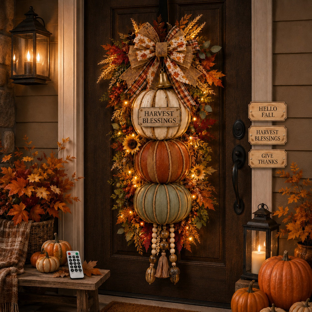 Lighted Stacked Pumpkin Fall Door Decor with 3 Seasonal Plaques