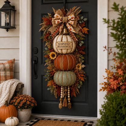 Lighted Stacked Pumpkin Fall Door Decor with 3 Seasonal Plaques