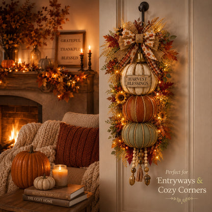 Lighted Stacked Pumpkin Fall Door Decor with 3 Seasonal Plaques