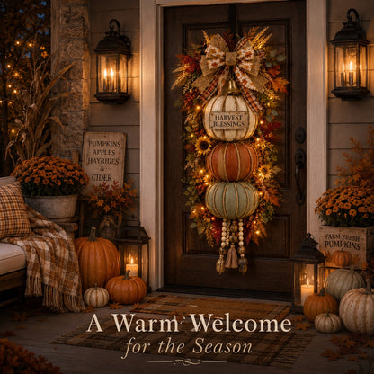 Lighted Stacked Pumpkin Fall Door Decor with 3 Seasonal Plaques
