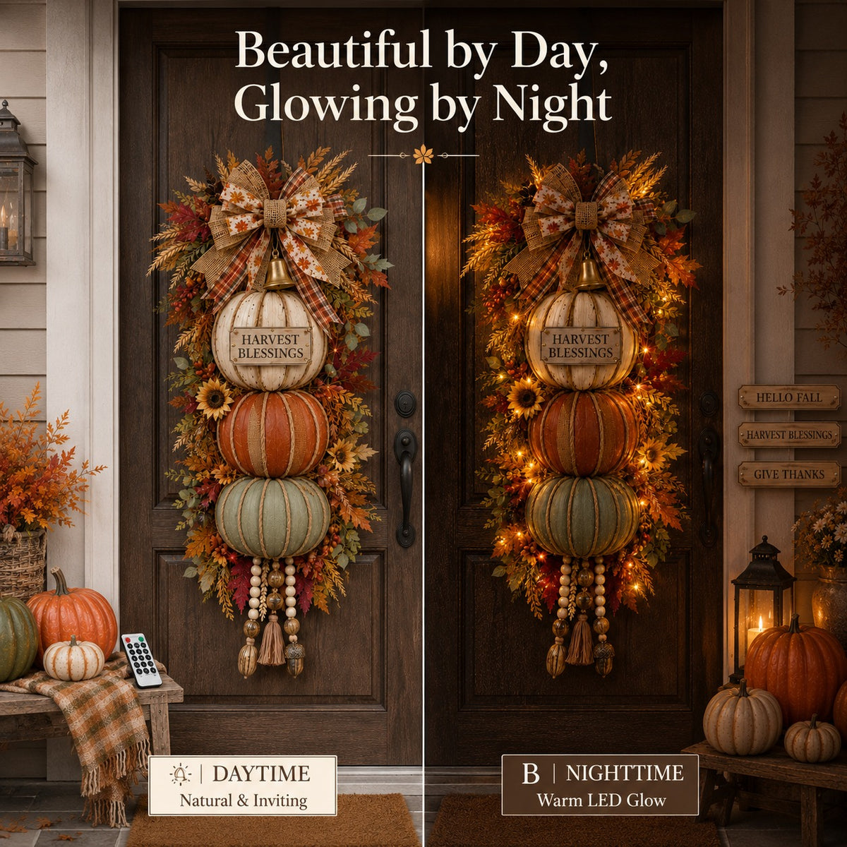 Lighted Stacked Pumpkin Fall Door Decor with 3 Seasonal Plaques