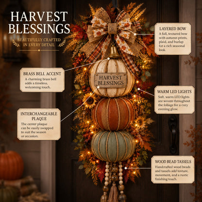 Lighted Stacked Pumpkin Fall Door Decor with 3 Seasonal Plaques