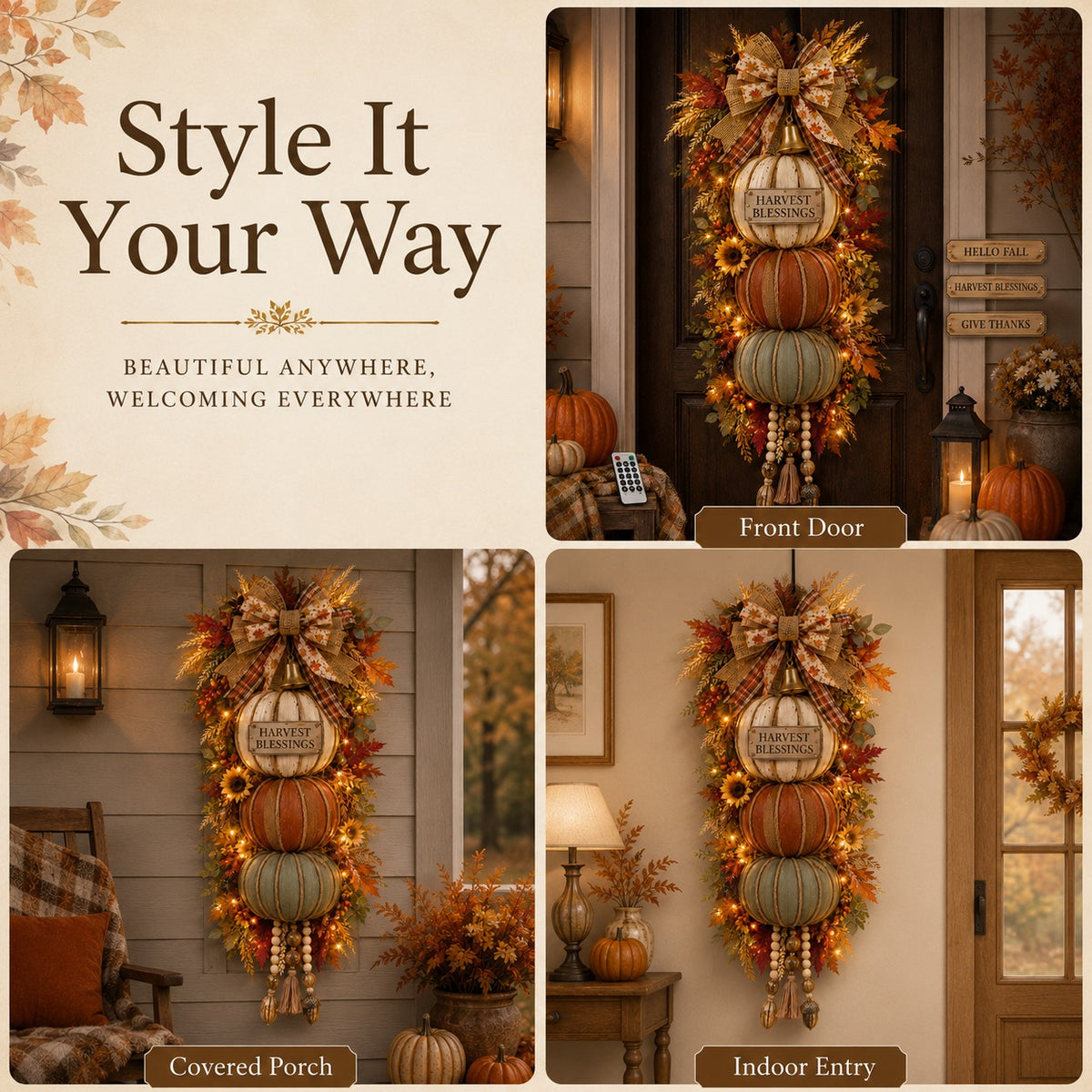 Lighted Stacked Pumpkin Fall Door Decor with 3 Seasonal Plaques