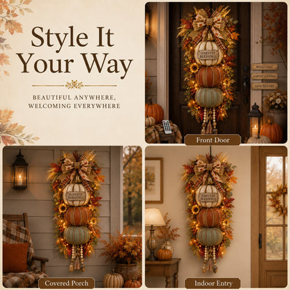 Lighted Stacked Pumpkin Fall Door Decor with 3 Seasonal Plaques