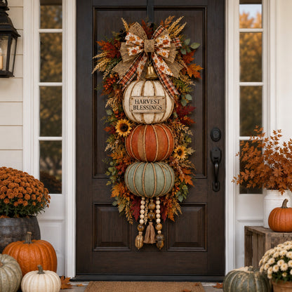 Lighted Stacked Pumpkin Fall Door Decor with 3 Seasonal Plaques