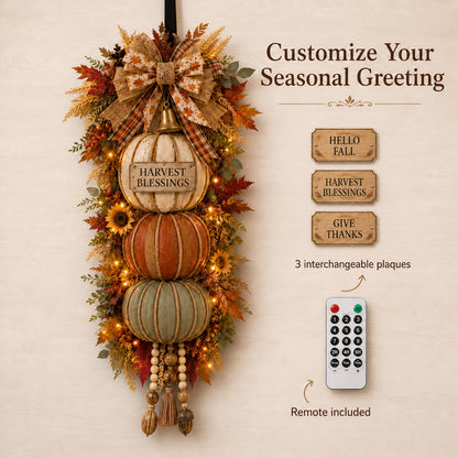 Lighted Stacked Pumpkin Fall Door Decor with 3 Seasonal Plaques