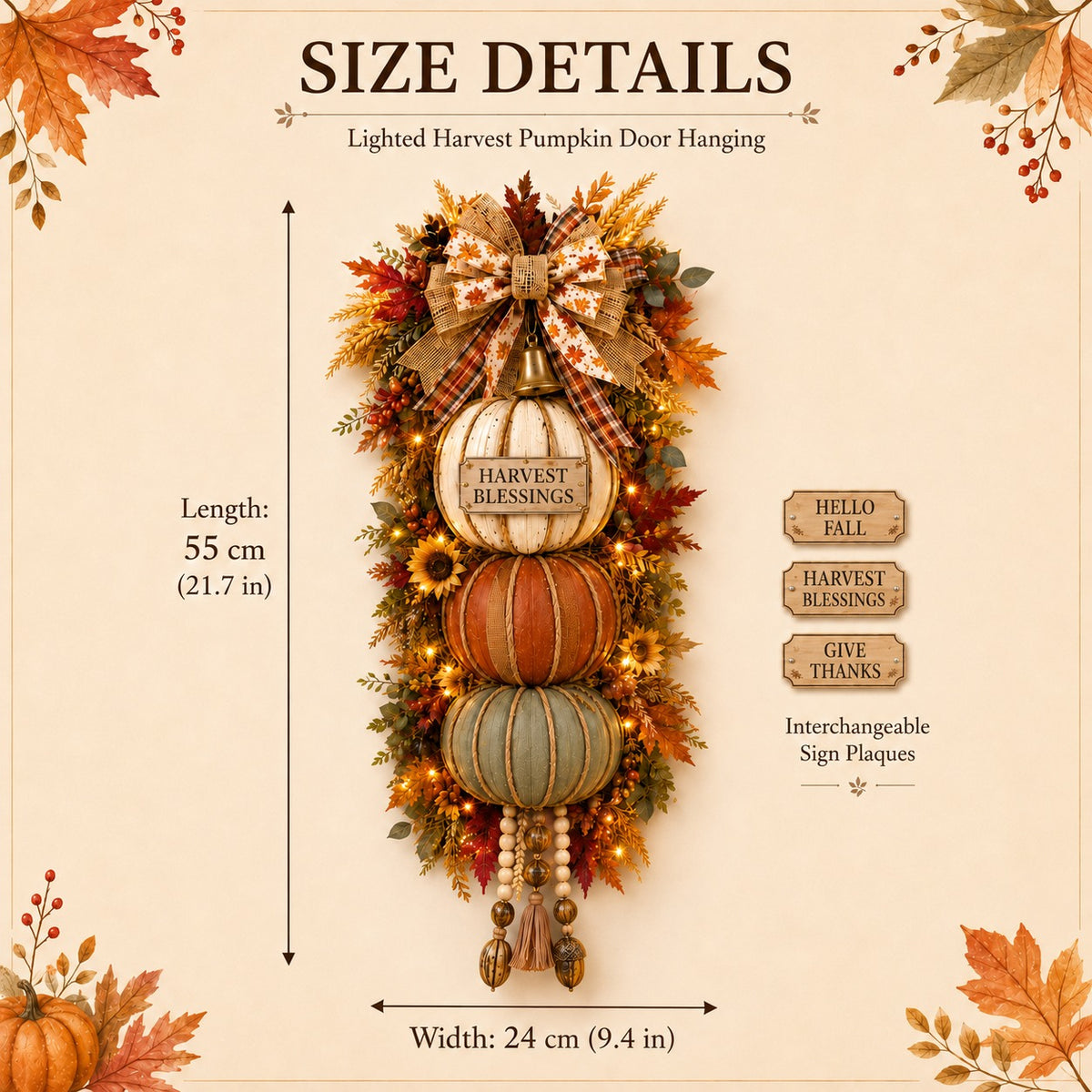 Lighted Stacked Pumpkin Fall Door Decor with 3 Seasonal Plaques